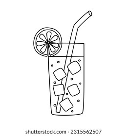 Soft drink, juice, summer cocktail with ice cubes in glass, doodle vector outline for coloring book