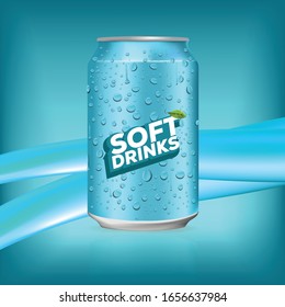 Soft drink lemon flavor with blue metal box, blue background and streams