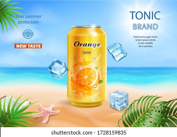 soft drink lemon flavor contained in yellow metal can, orange background