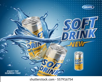 Soft Drink Lemon Flavor Contained In Yellow Metal Can, Water Background