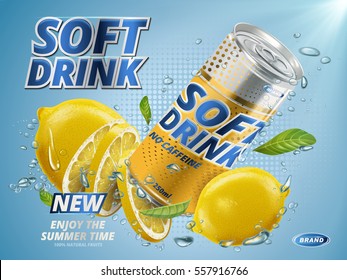 soft drink lemon flavor contained in yellow metal can, underwater background