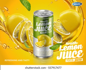 soft drink lemon flavor contained in green metal can, cut lemon elements background