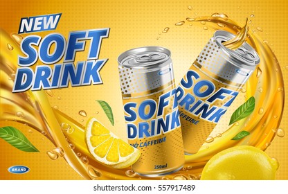 soft drink lemon flavor contained in yellow metal can, orange background and flows