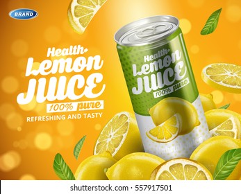 soft drink lemon flavor contained in green metal can, cut lemon elements and blurred background