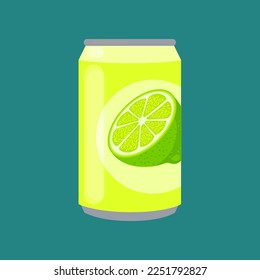 Soft drink with lime in aluminium can. Sweet lime soda, fizzy canned lime drink, sweet lime juice, tonic on white background cartoon illustration. Liquid, beverage concept