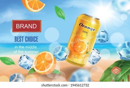 Soft drink orange ads witn orange drink aluminium can, ice cubes on tropical beach vector.