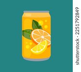 Soft drink with orange and lemon in aluminium can. Sweet orange soda, fizzy canned orange drink, sweet orange juice, tonic on white background cartoon illustration. Liquid, beverage concept