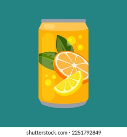 Bebida suave con naranja y limón en lata de aluminio. Sódica de naranja dulce, bebida naranja tibia en lata, zumo de naranja dulce, ilustración de dibujos animados tonic en blanco. Concepto de bebidas líquidas