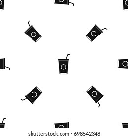 Soft drink in paper cup pattern repeat seamless in black color for any design. Vector geometric illustration