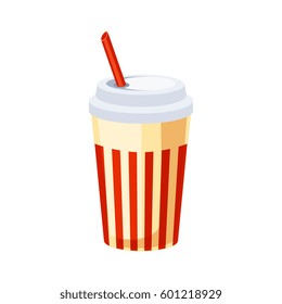 Soft Drink In Paper Cup With Straw, Street Fast Food Cafe Menu Item Colorful Vector Icon