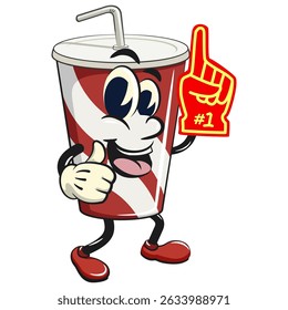 copos de papel de refrigerante retro vektor ilustração mascote personagem levantar dedo de espuma, trabalho de mão desenhada
