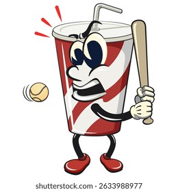 soft drink paper cups retro vektor illustration mascot character playing baseball ready to hit the ball with the bat, work of hand drawn