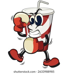 soft drink paper cups retro vektor illustration mascot character practicing boxing wearing boxing glove, work of hand drawn