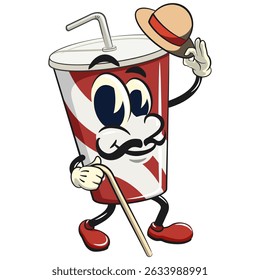 refrigerante copos de papel retro vektor ilustração mascote personagem carregando um pau e saudando com chapéu levantado, trabalho de mão desenhada