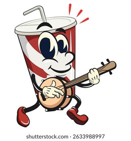 refrigerante copos de papel retro vektor ilustração mascote personagem tocando o instrumento musical banjo, trabalho de mão desenhada