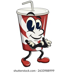 soft drink paper cups retro vektor illustration mascot character folding his arms calmly, work of hand drawn