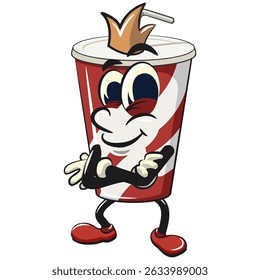 refrigerante copos de papel retro vektor ilustração mascote personagem coroado como um rei enquanto dobrando seus braços calmamente, trabalho de mão desenhada