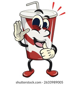 refrigerante copos de papel retro vektor ilustração mascote personagem onda mão e dar um polegares para cima sinal, trabalho de mão desenhada