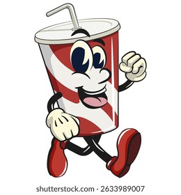 soft drink paper cups retro vektor illustration mascot character walking, work of hand drawn