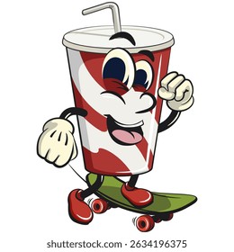 soft drink paper cups retro vektor illustration mascot character riding skateboard, work of hand drawn