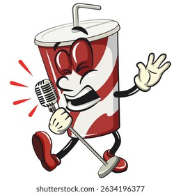 refrigerante copos de papel retro vektor ilustração mascote personagem cantando com grande emoção, trabalho de mão desenhada