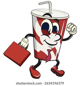 refrigerante copos de papel retro vektor ilustração mascote personagem em uma mala correndo para o escritório, trabalho de mão desenhada
