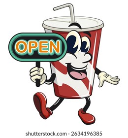 refrigerante copos de papel retro vektor ilustração mascote caractere mostrando um sinal que diz aberto, trabalho de mão desenhada