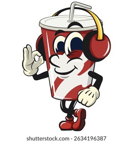 soft drink paper cups retro vektor illustration mascot character listening to headset while dancing listening to headset while dancing, work of hand drawn