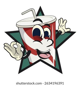 refrigerante copos de papel retro vektor ilustração mascote caractere fora de uma estrela dando um sinal OK, trabalho de mão desenhada