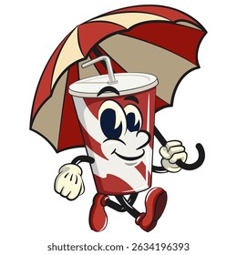 soft drink paper cups retro vektor illustration mascot character walking with an umbrella, work of hand drawn