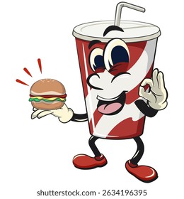 soft drink paper cups retro vektor illustration mascot character carrying a hamburger while giving ok sign, work of hand drawn