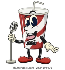 soft drink paper cups retro vektor illustration mascot character on front of the mic become a stand up comedian, work of hand drawn