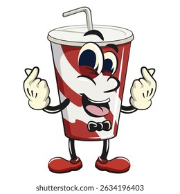 refrigerante copos de papel retro vektor ilustração mascote personagem dando um sinal de amor com duas mãos, trabalho de mão desenhada