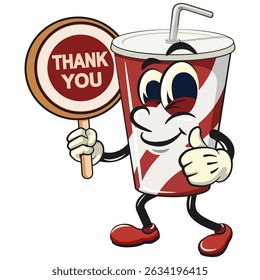 soft drink paper cups retro vektor illustration mascot character say thank you, work of hand drawn