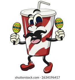 soft drink paper cups retro vektor illustration mascot character with moustache playing maracas, work of hand drawn