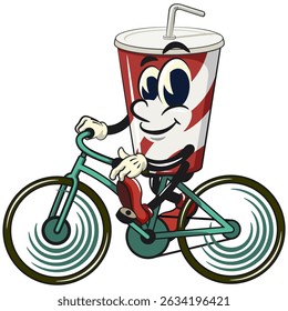 refrigerante copos de papel retro vektor ilustração mascote personagem desfrutar de andar de bicicleta, trabalho de mão desenhada