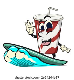 copos de papel de refrigerante retro vektor ilustração mascote personagem surfing cavalgando as ondas, trabalho de mão desenhada