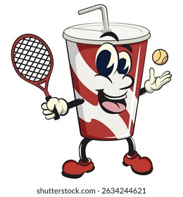 soft drink paper cups retro vektor illustration mascot character playing tennis, work of hand drawn
