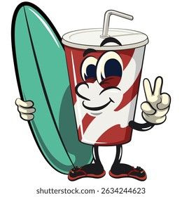 refrigerante copos de papel retro vektor ilustração mascote personagem com prancha de surfe e deu um sinal de paz, trabalho de mão desenhada