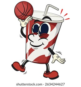 refrigerante copos de papel retro vektor ilustração mascote personagem jogando basquete, trabalho de mão desenhada