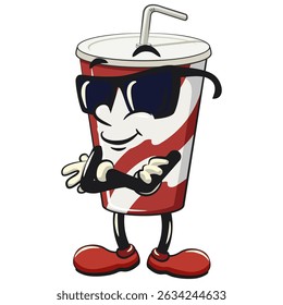 refrigerante copos de papel retro vektor ilustração mascote personagem usando óculos de sol dobrando seus braços calmamente, trabalho de mão desenhada