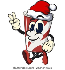 soft drink paper cups retro vektor illustration mascot character wearing a Santa Claus hat while giving a two-finger peace sign, work of hand drawn