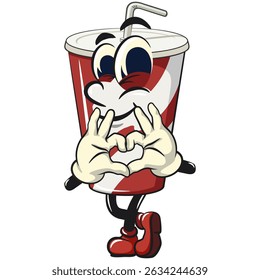 refrigerante copos de papel retro vektor ilustração mascote personagem está dando um sinal de amor com o dedo, trabalho de mão desenhada