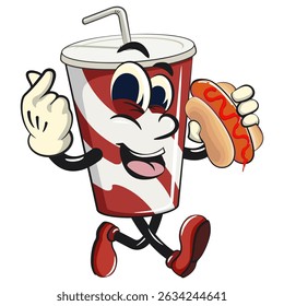 soft drink paper cups retro vektor illustration mascot character carrying a hotdog while giving love sign, work of hand drawn