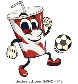 soft drink paper cups retro vektor illustration mascot character playing football or soccer, work of hand drawn