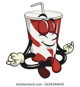 refrigerante copos de papel retro vektor ilustração mascote personagem meditando, trabalho de mão desenhada