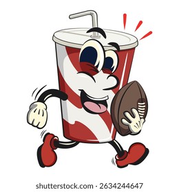 refrigerante copos de papel retro vektor ilustração mascote personagem jogando rúgbi e futebol americano, trabalho de mão desenhada