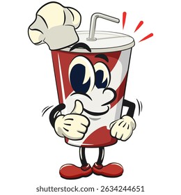 soft drink paper cups retro vektor illustration mascot character as chef give thumbs up, work of hand drawn