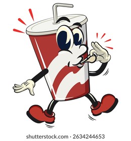 refrigerante copos de papel retro vektor ilustração mascote personagem soprando o apito, trabalho de mão desenhada