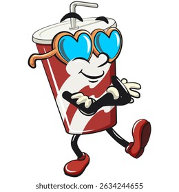 refrigerante copos de papel retro vektor ilustração mascote personagem vestindo coração em forma de óculos de sol praia, trabalho de mão desenhada